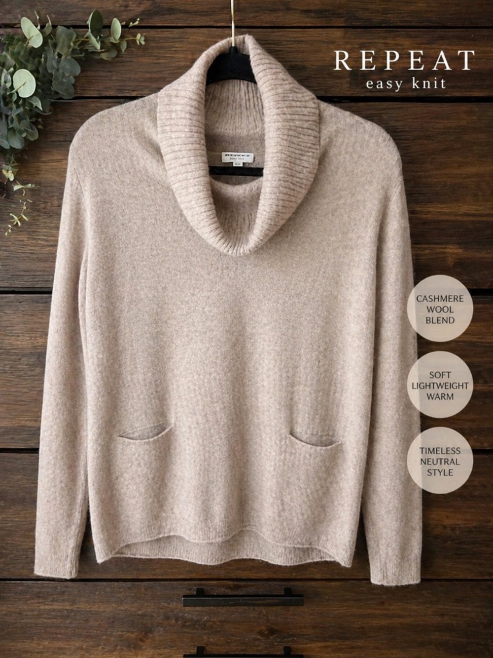 Repeat Easy Knit Women's Cashmere Wool Blend Cowl Neck Sweater in Beige